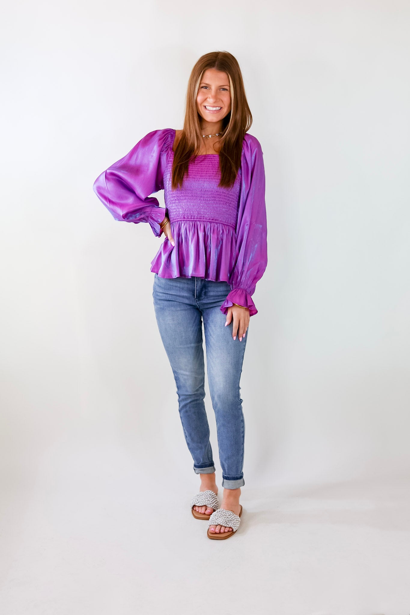 Perfect Vision Smocked Long Sleeve Top in Iridescent Purple - Giddy Up Glamour Boutique