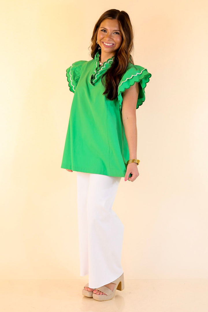 Sweet Pea Ruffle Collared Short Sleeve Shirt in Green