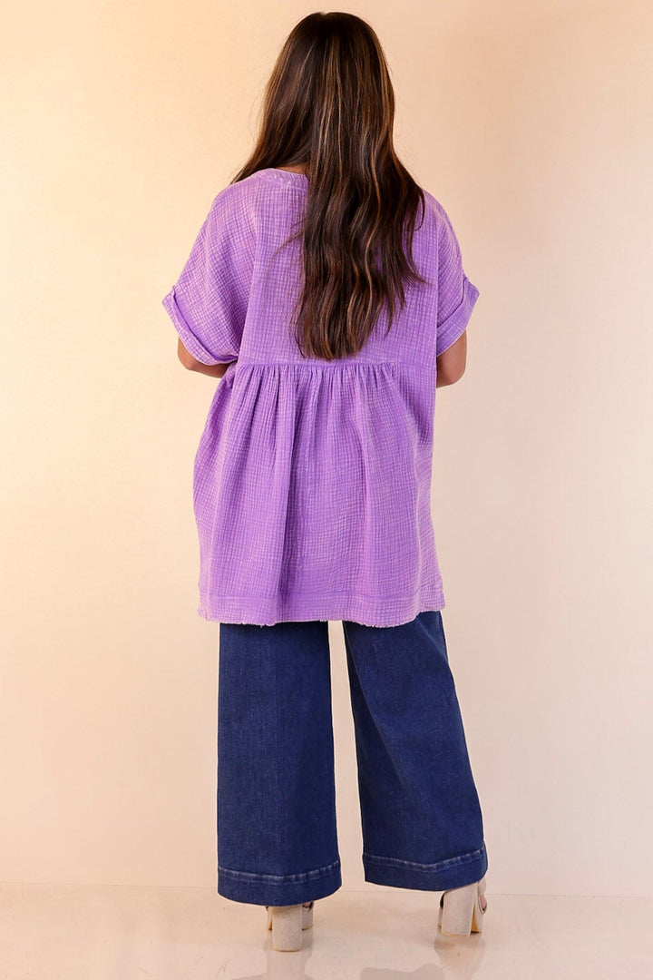 Simple Statement Quarter Button Up Short Drop Sleeve Shirt in Purple