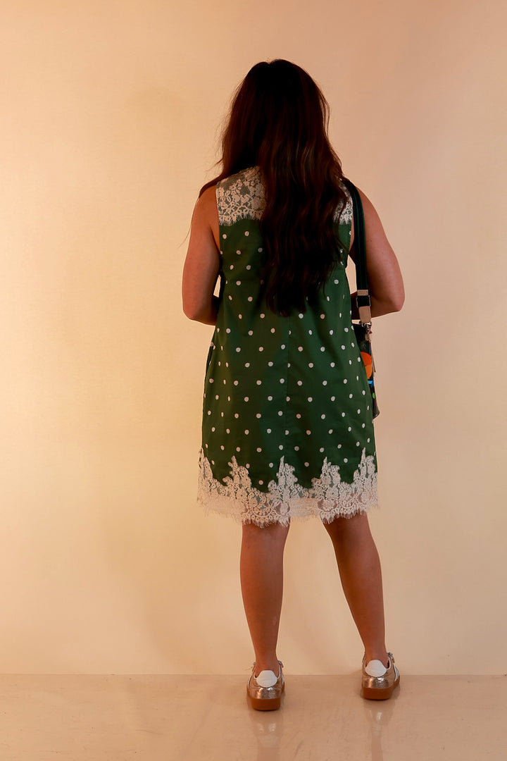 Lovely Little Details Polka Dot Lace Trim Sleeveless Shift Dress in Olive Green and Ivory