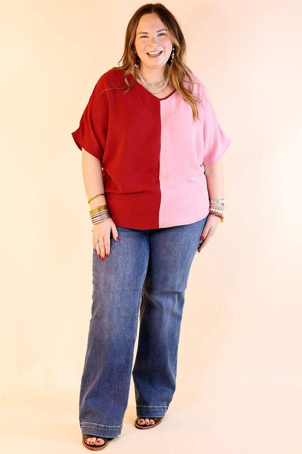 Lovely Dear V Neck Short Sleeve Color Block Top in Light Pink and Maroon