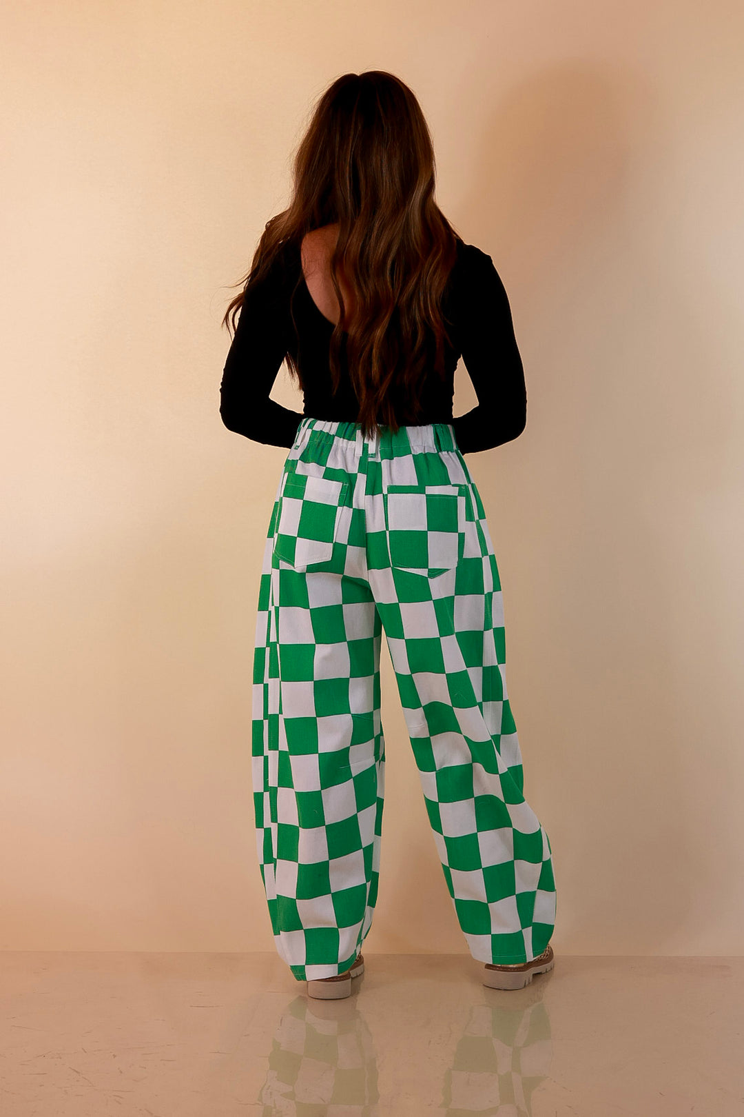 Check Me Out Wide Leg Checkered Print Barrel Denim Jean in Green