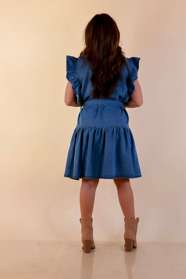 Ruffled up Ruffle Sleeve Button Front Denim Dress with Collar and Peplum Hem in Medium Wash