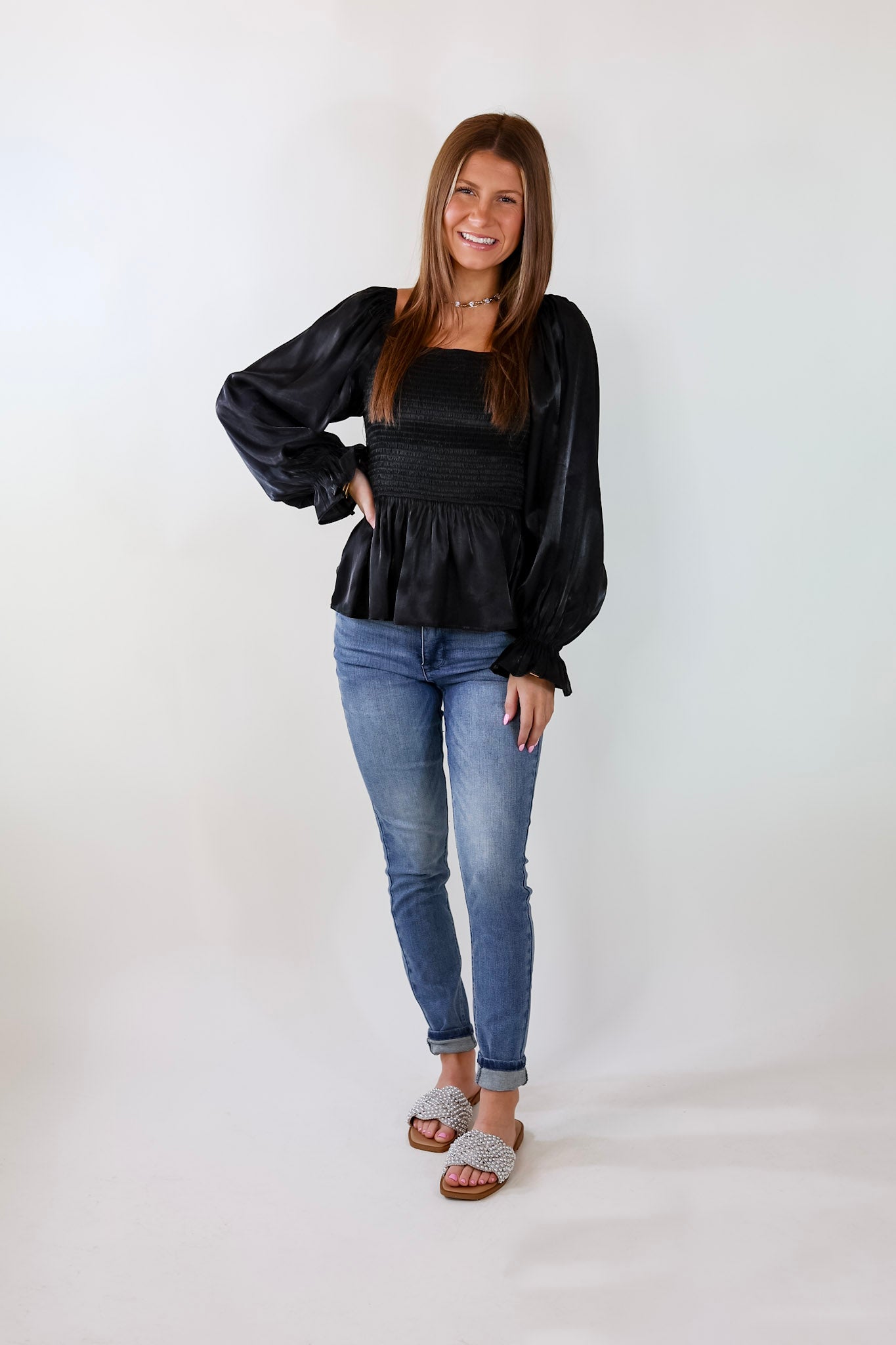 Perfect Vision Smocked Long Sleeve Top in Black - Giddy Up Glamour Boutique