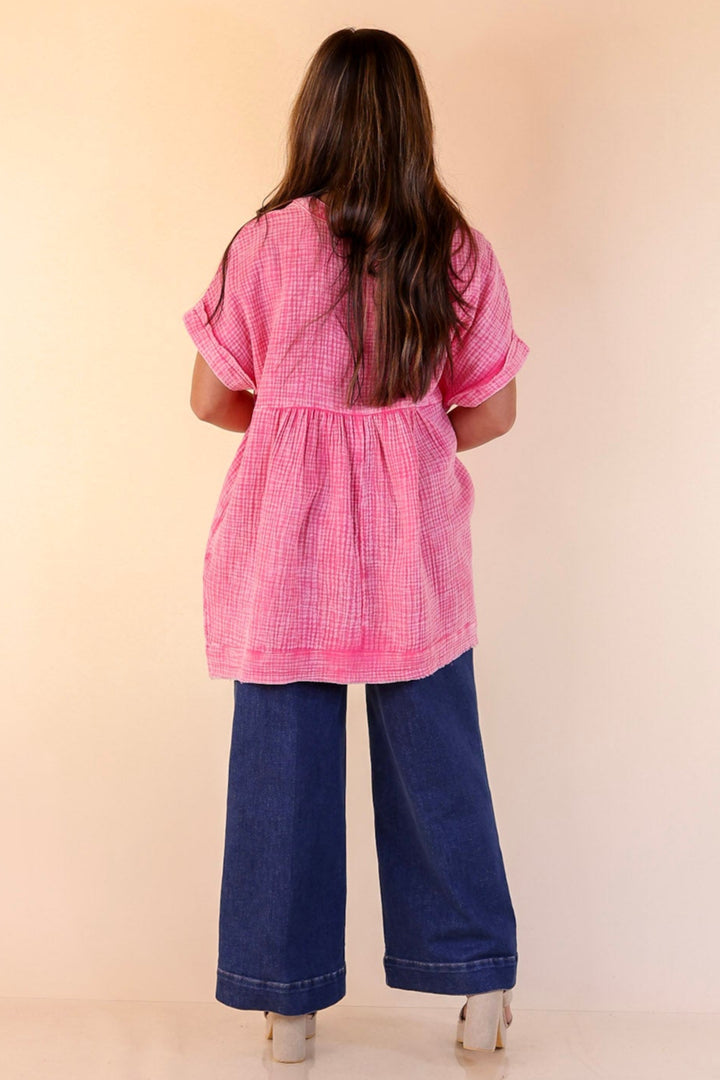 Simple Statement Quarter Button Up Short Drop Sleeve Shirt in Pink