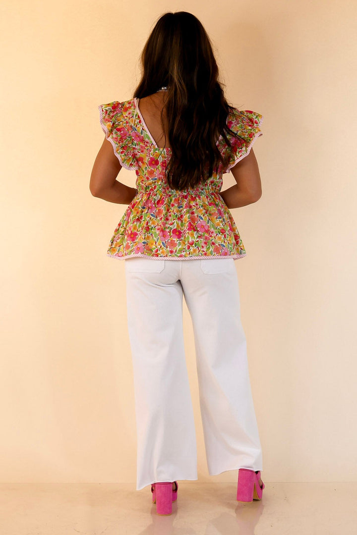 Sugar Petals Peplum Top with Ruffle Sleeves in Pink Floral