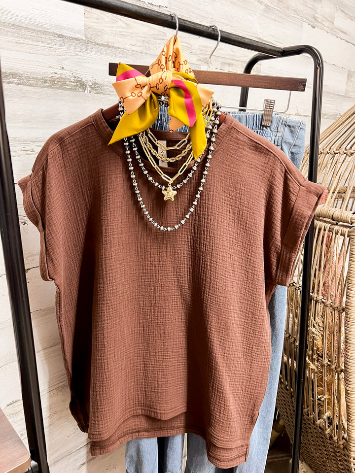 Always Appropriate Short Sleeve Linen Top with Rolled Sleeve Detail in Chocolate Brown