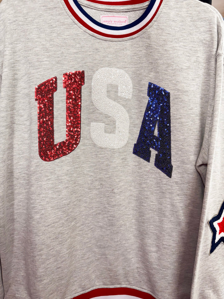 Simply Southern | All-American Sparkle USA Crew Neck Graphic Sweatshirt in Gray