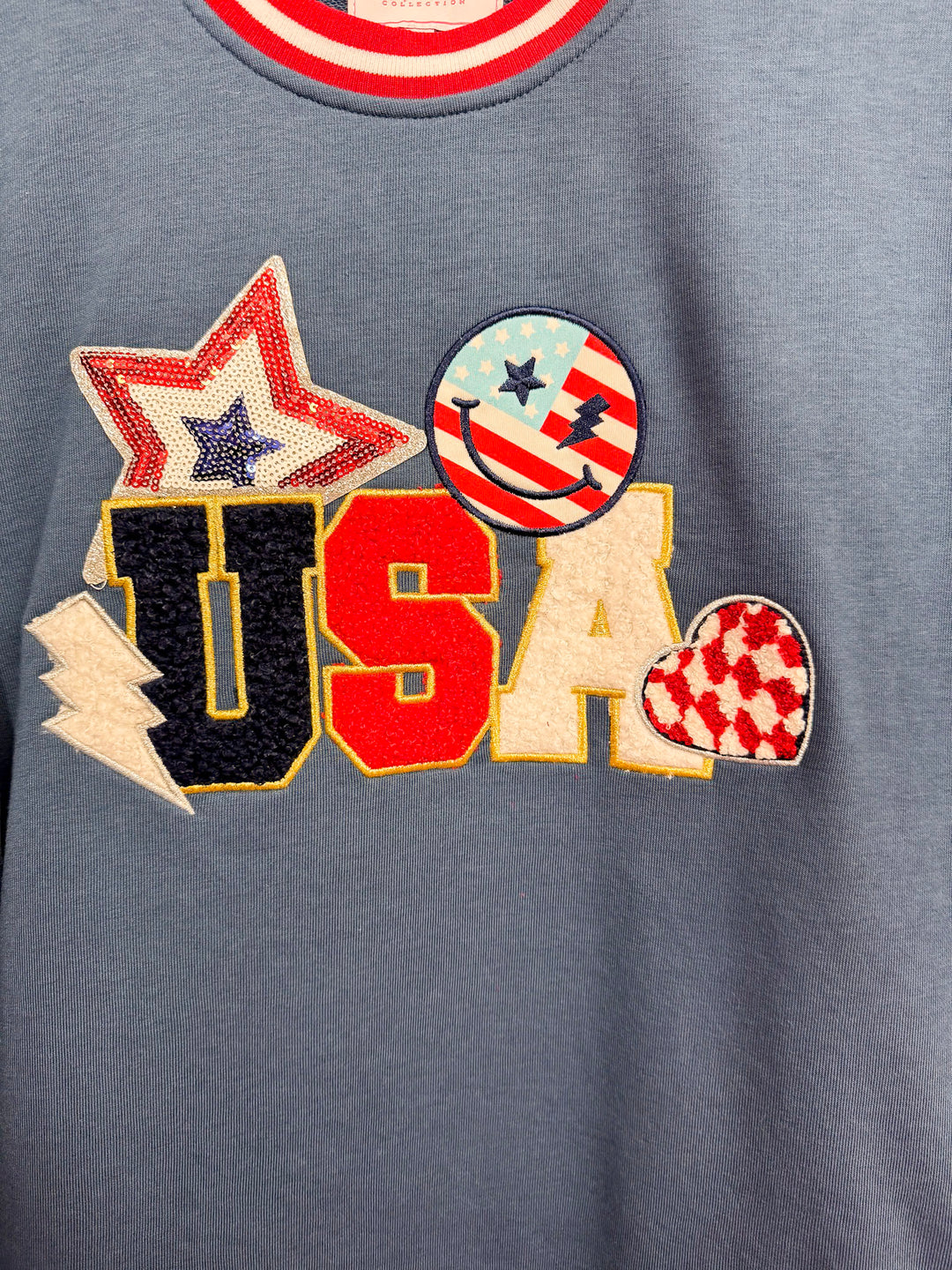 Simply Southern | Shining in the USA Crew Neck Patch Graphic Sweatshirt in Navy Blue