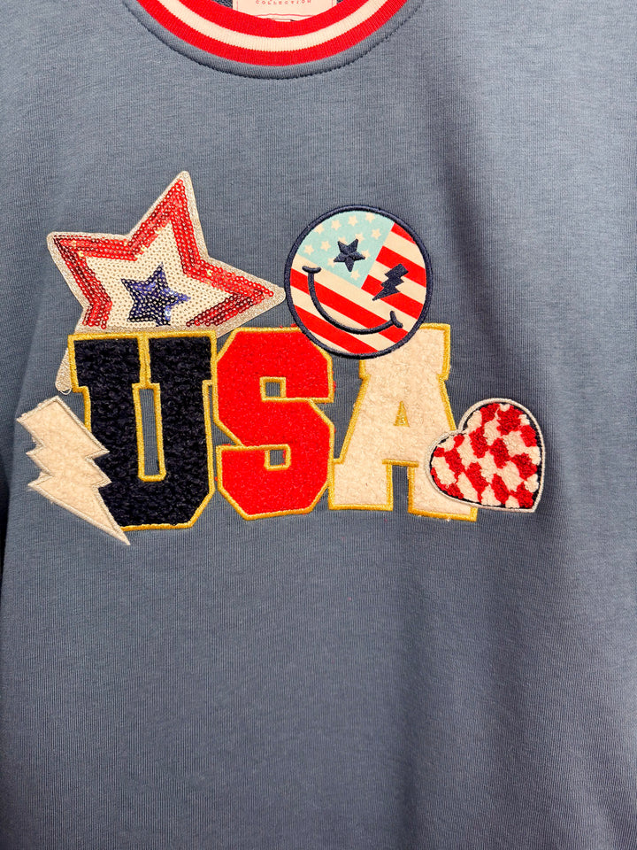 Simply Southern | Shining in the USA Crew Neck Patch Graphic Sweatshirt in Navy Blue