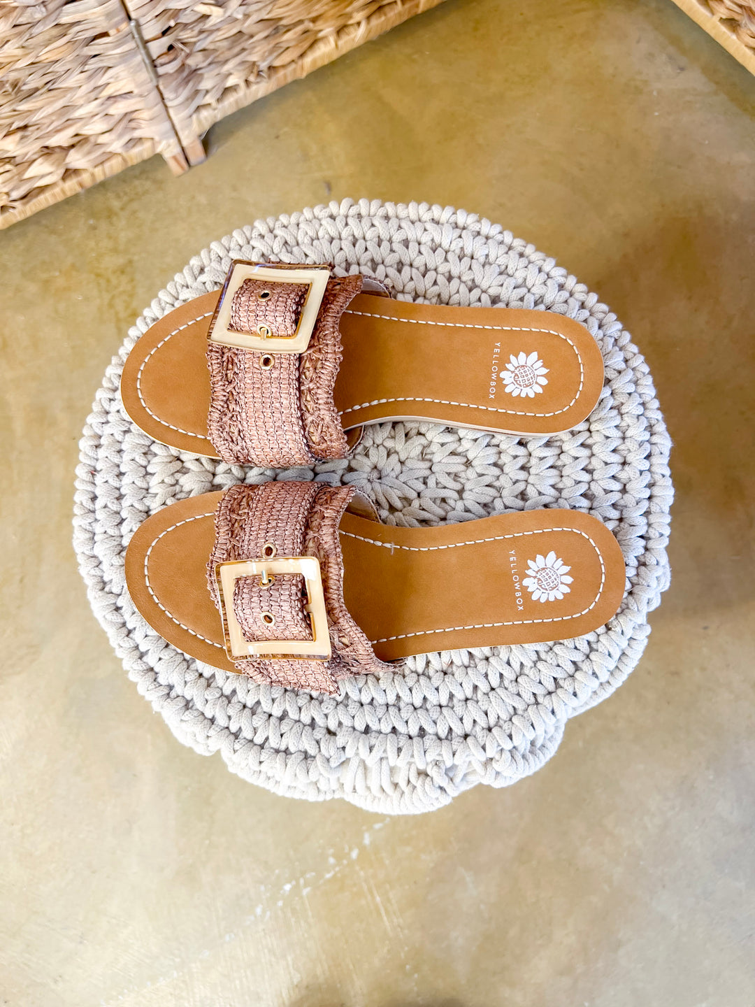 Yellow Box | Hamlyn Raffia Buckle Slide Sandals in Tan
