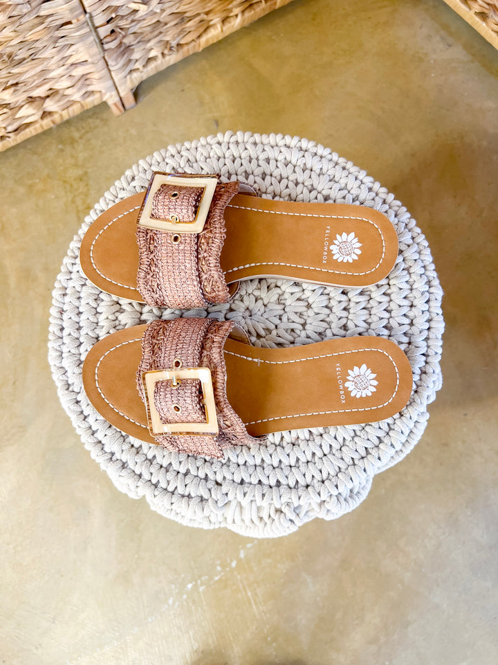Yellow Box | Hamlyn Raffia Buckle Slide Sandals in Tan