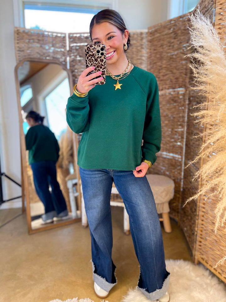 Relaxed and Refined Cropped Luxe Sweatshirt in Black, Kelly Green, and Forest Green