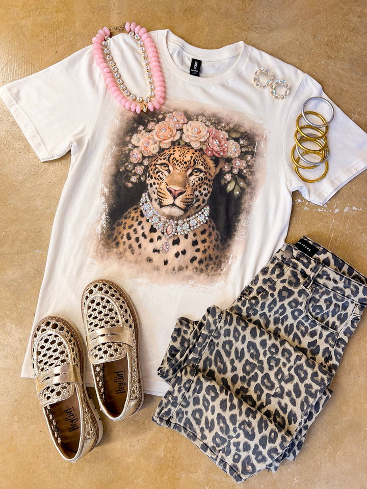 The Socialite Jeweled Printed Leopard with Floral Crown Short Sleeve Graphic Tee with Crystals in Cream