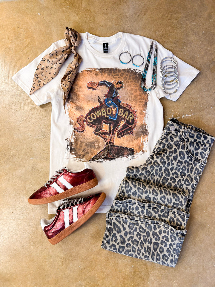 Cowboy Social Club Vintage Cowboy Bar Printed Short Sleeve Graphic Tee with Crystals in Cream