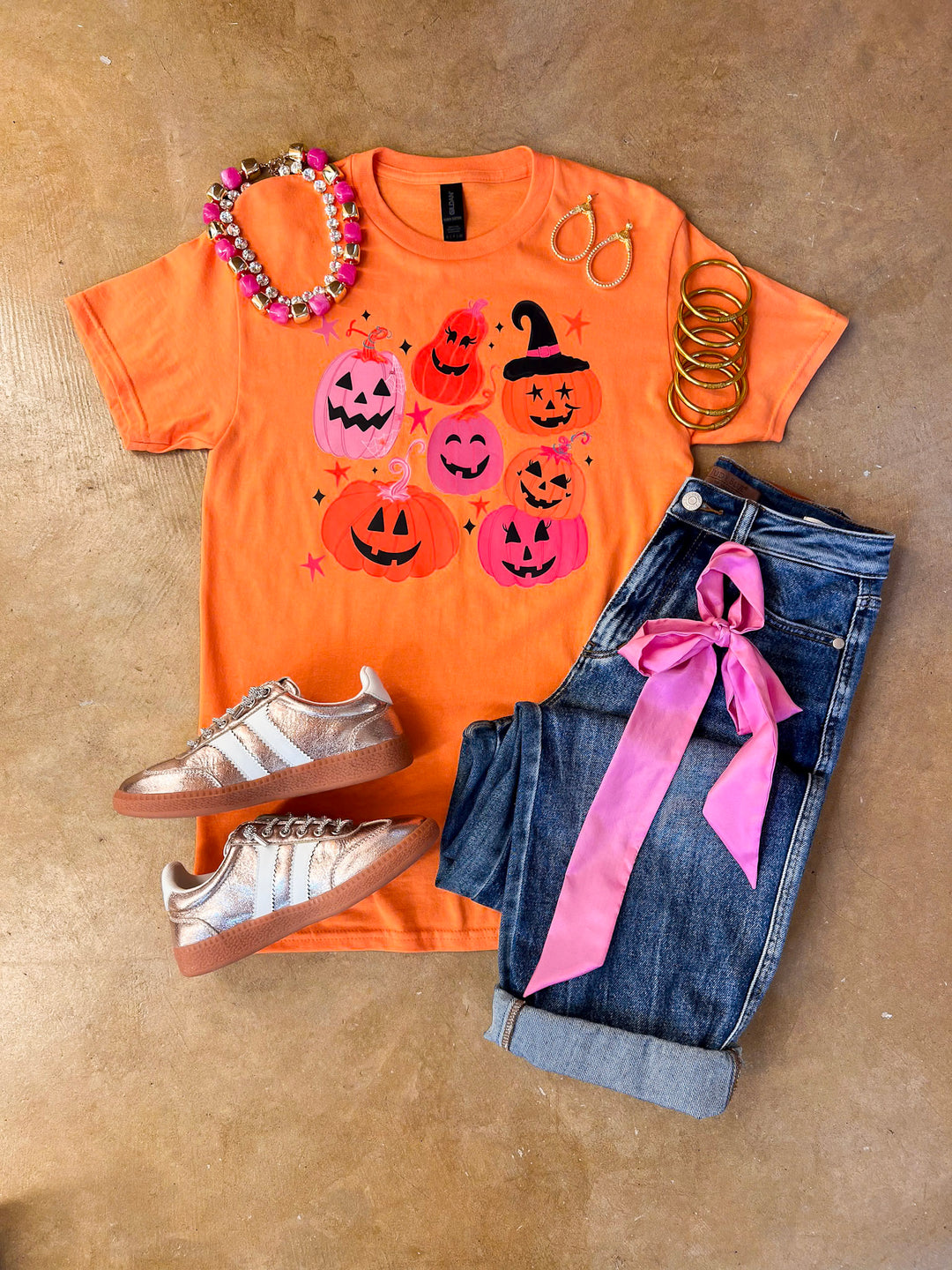 Up to No Gourd Pink &amp; Orange Jack-O’-Lantern Halloween Graphic Tee in Orange