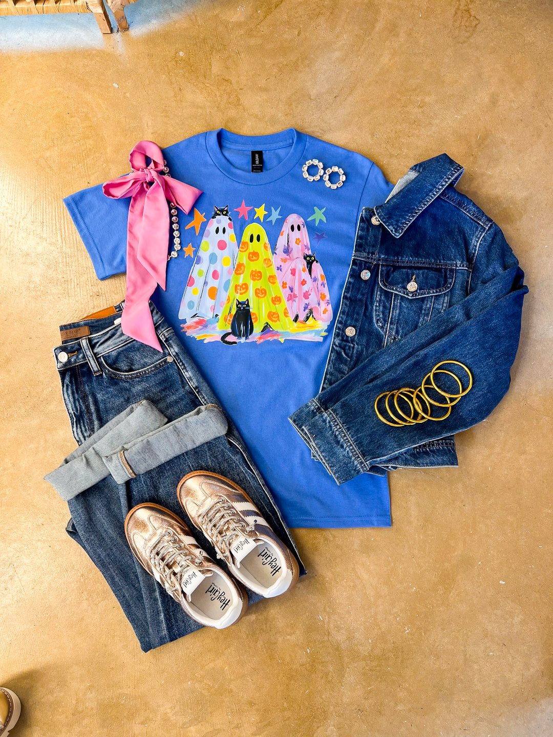 The Boo Crew Colorful Ghost Printed Halloween Graphic Tee in Periwinkle Blue