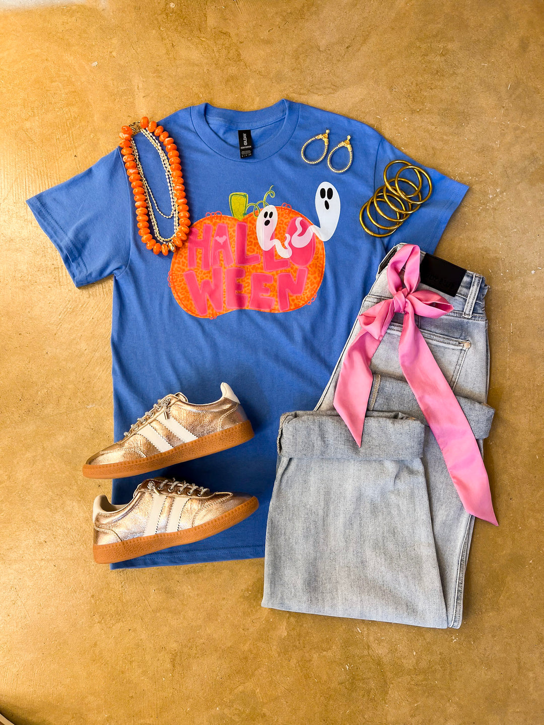 Boo Thing Colorful Leopard Print Pumpkin and Ghost Halloween Graphic Tee in Periwinkle Blue