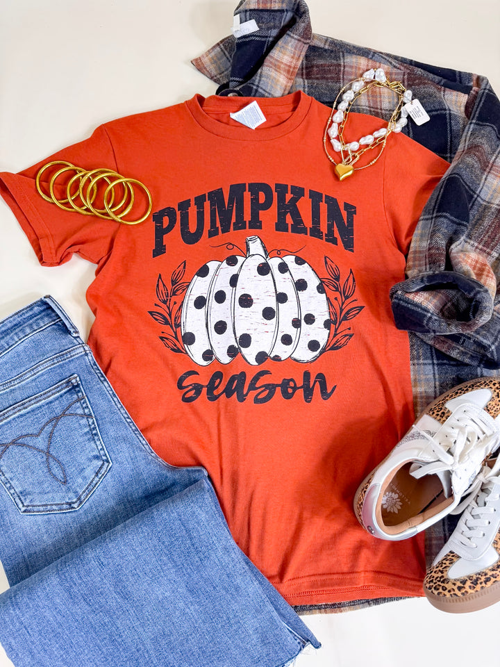 Polka Dot Pumpkin Season Short Sleeve Graphic Tee in Burnt Orange
