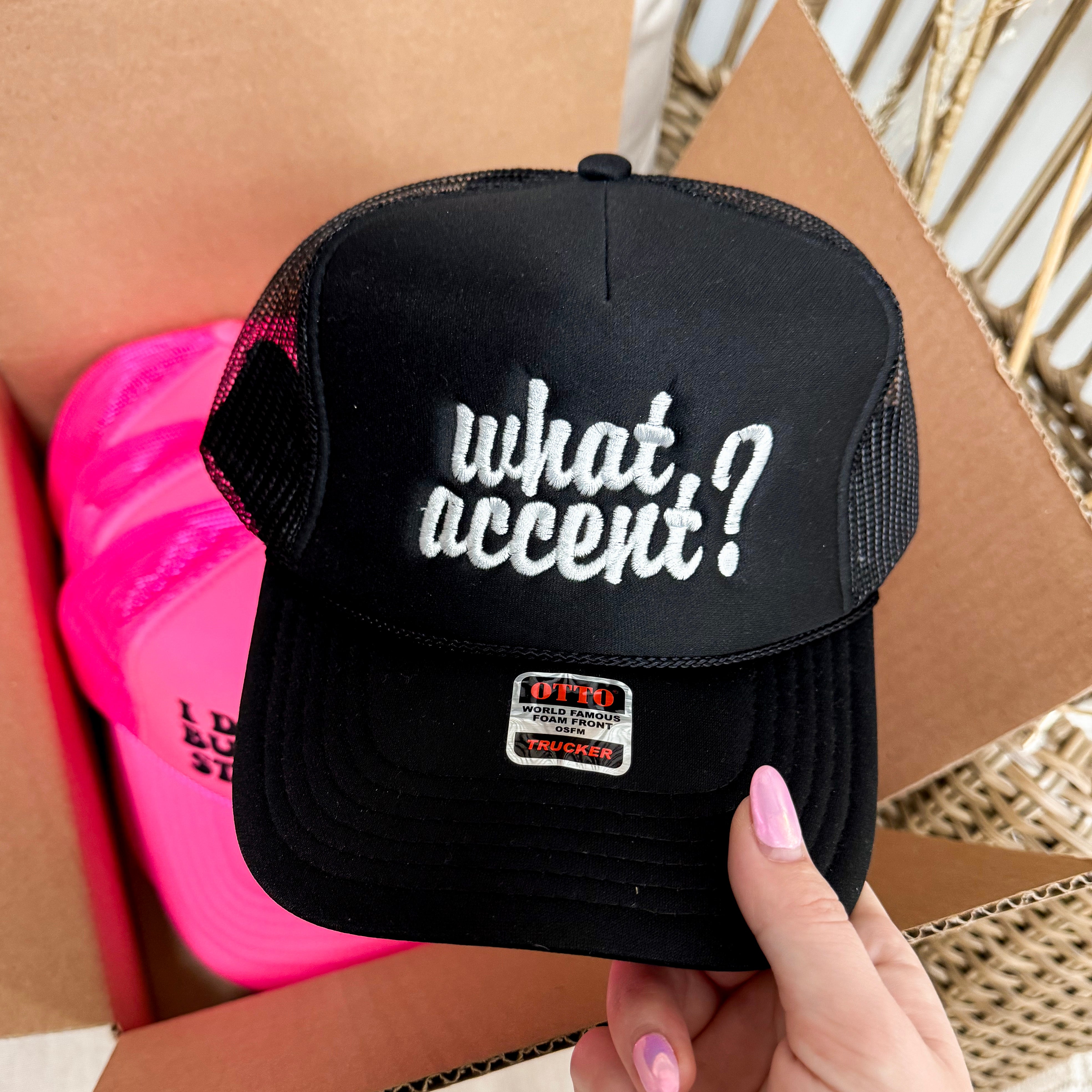 What Accent? Stitched Foam Trucker Hat in Black