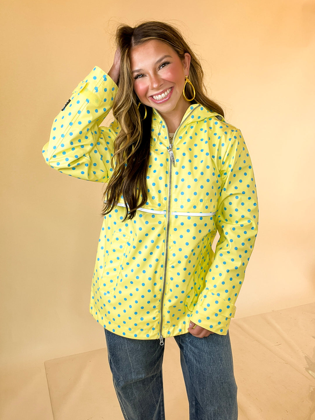 Lulu Mac | Chic Forecast Turquoise Blue Polka Dot Hooded Rain Jacket in Yellow