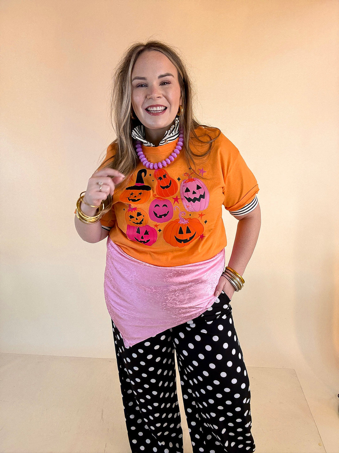 Up to No Gourd Pink &amp; Orange Jack-O’-Lantern Halloween Graphic Tee in Orange
