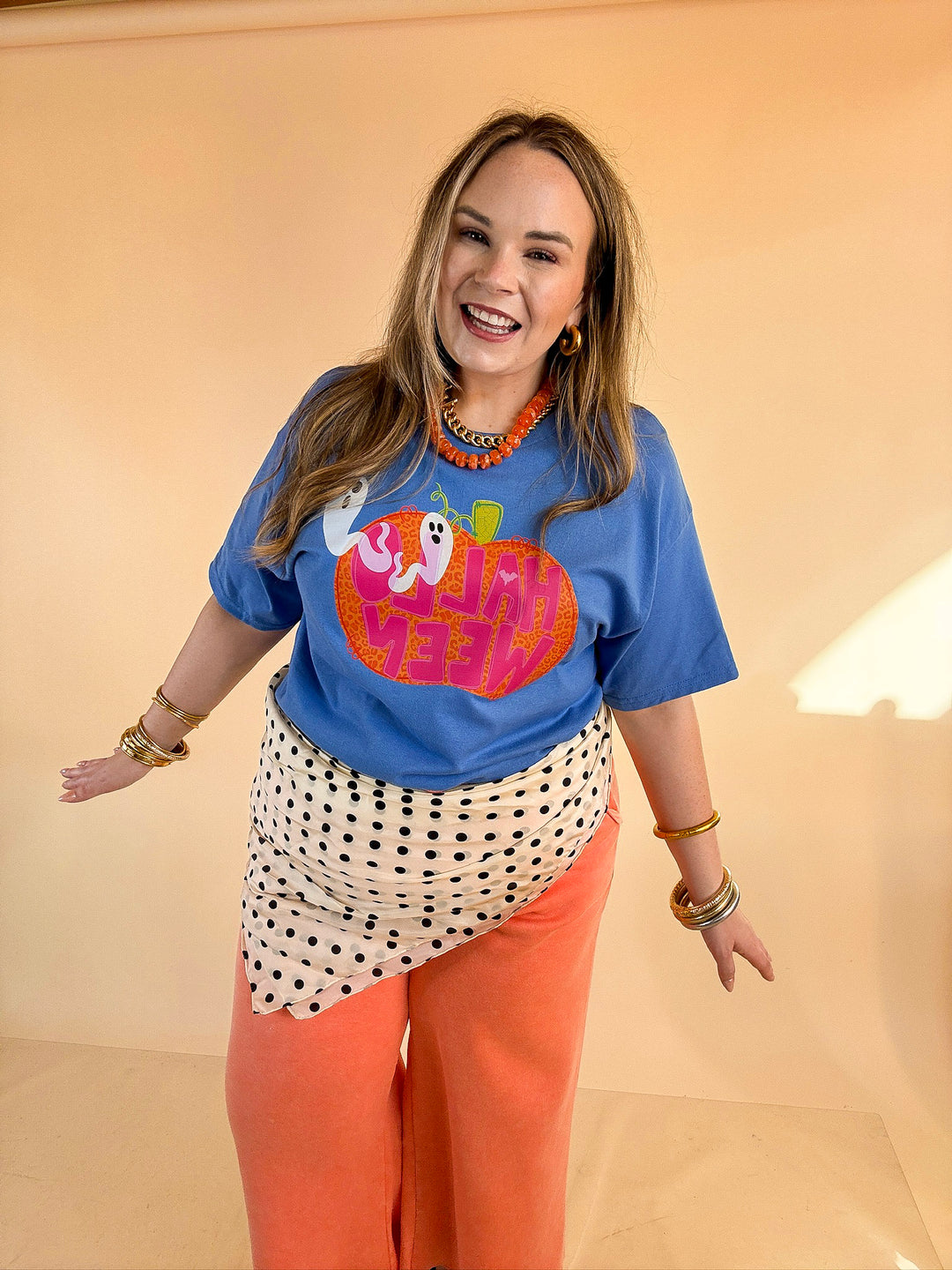 Boo Thing Colorful Leopard Print Pumpkin and Ghost Halloween Graphic Tee in Periwinkle Blue