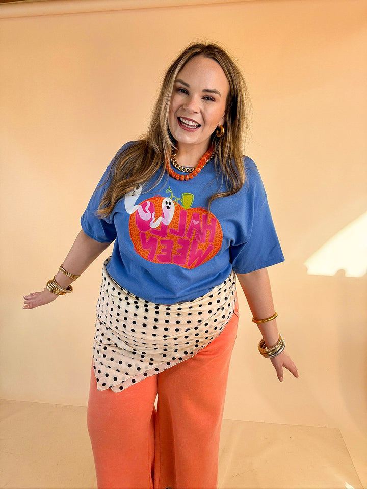 Boo Thing Colorful Leopard Print Pumpkin and Ghost Halloween Graphic Tee in Periwinkle Blue
