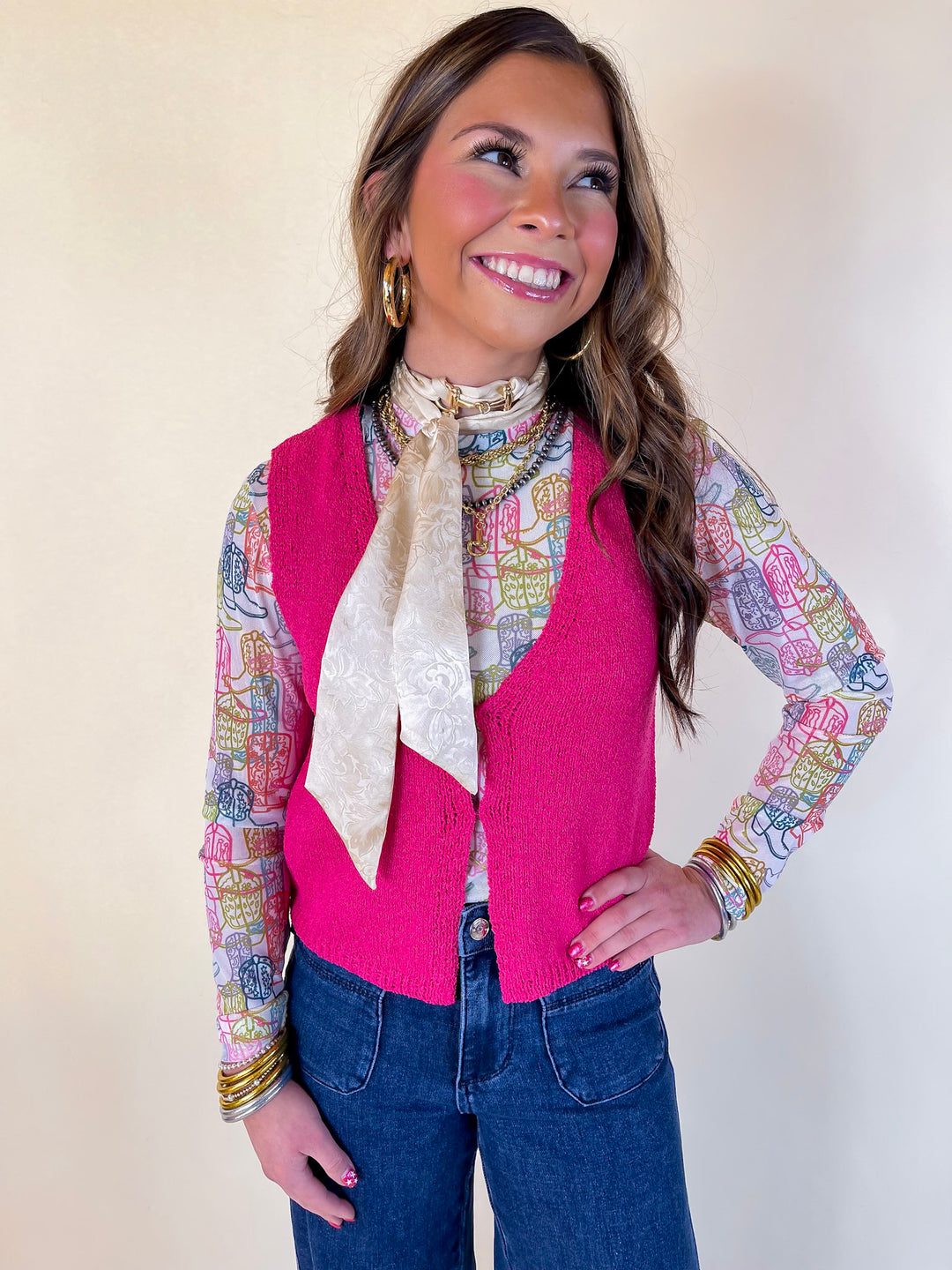 Western Dream Neon Boot Print Mesh Long Sleeve Top in White