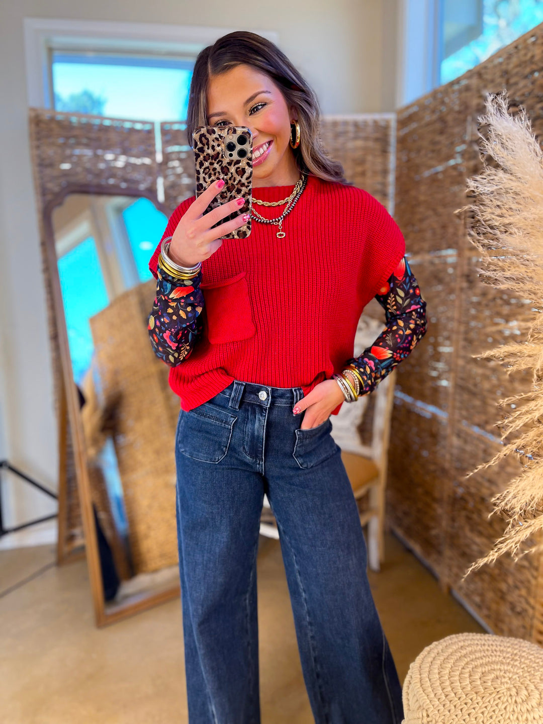 The Perfect Layer Colorful Floral Fiesta Print Mesh Long Sleeve Top in Black