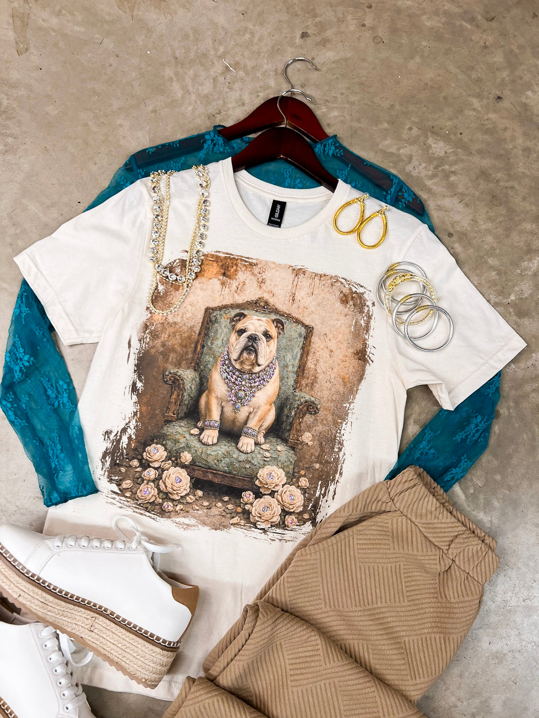 Lady Eleanor the English Bulldog Printed Short Sleeve Graphic Tee with Crystals in Cream