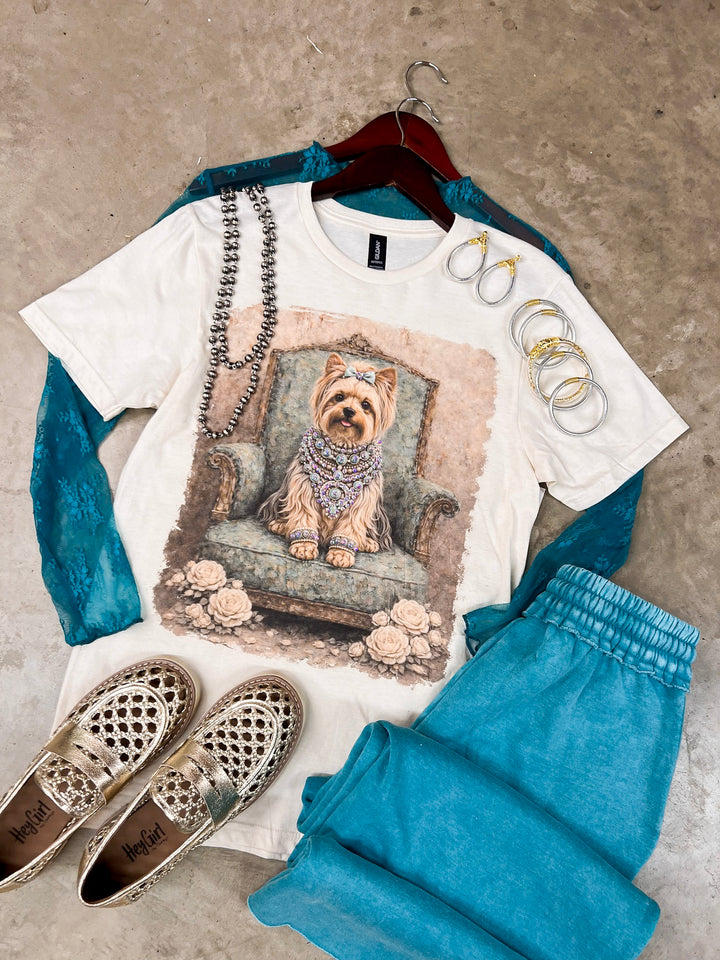 Prissy Penny Glam Turquoise Blue Yorkie Short Sleeve Graphic Tee with Crystals in Cream