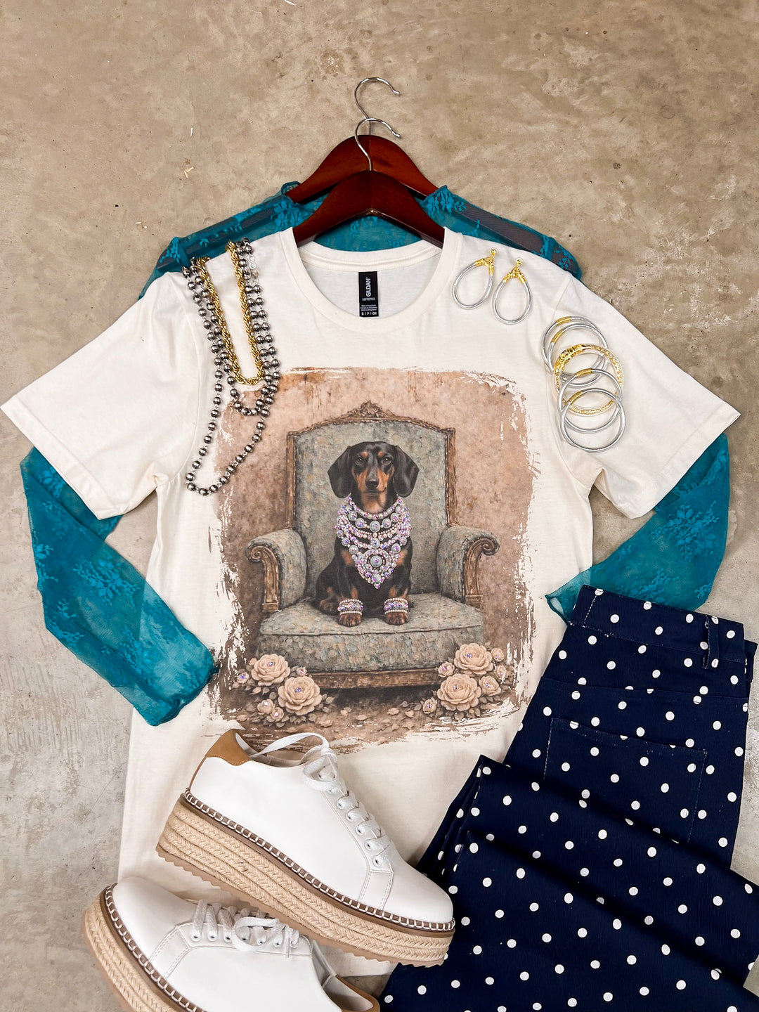 Duchess Desirae Glam Dachshund Dog Printed Short Sleeve Graphic Tee with Crystals in Cream