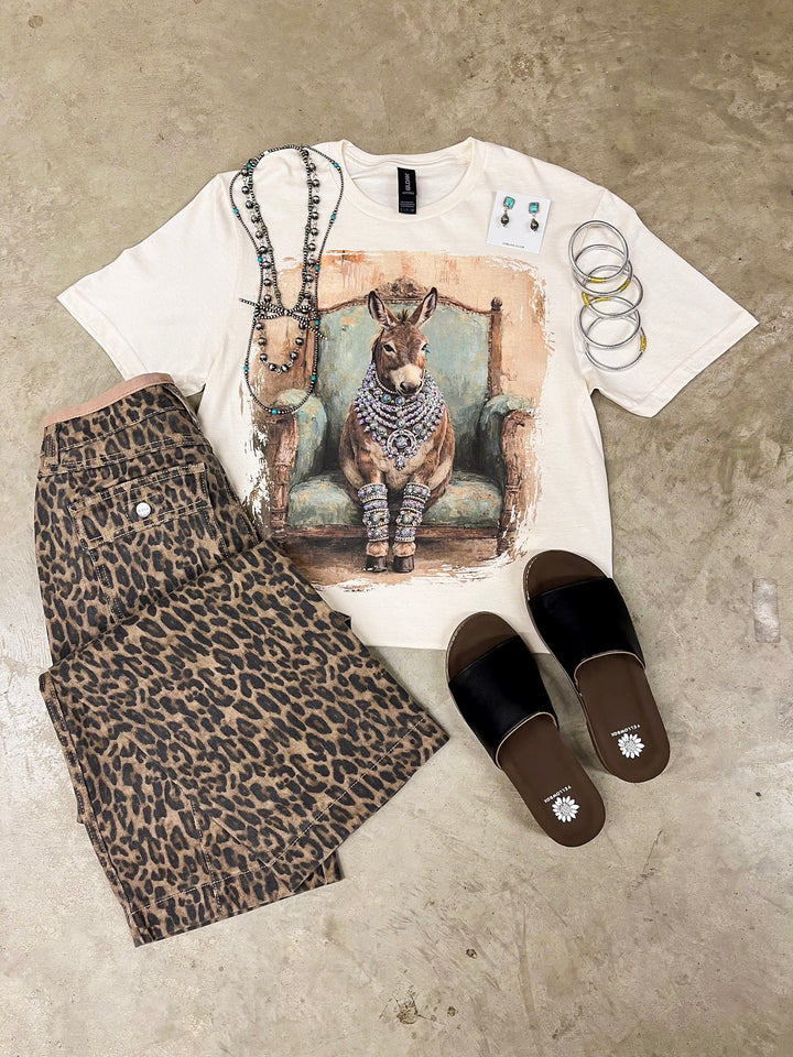 Turquoise Tilly Glam Turquoise Blue Donkey Short Sleeve Graphic Tee with Crystals in Cream