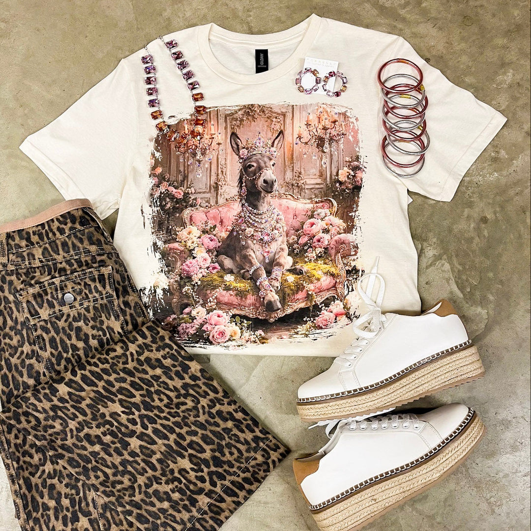 Queen Sassy Glam Pink Floral Donkey Short Sleeve Graphic Tee with Crystals in Cream