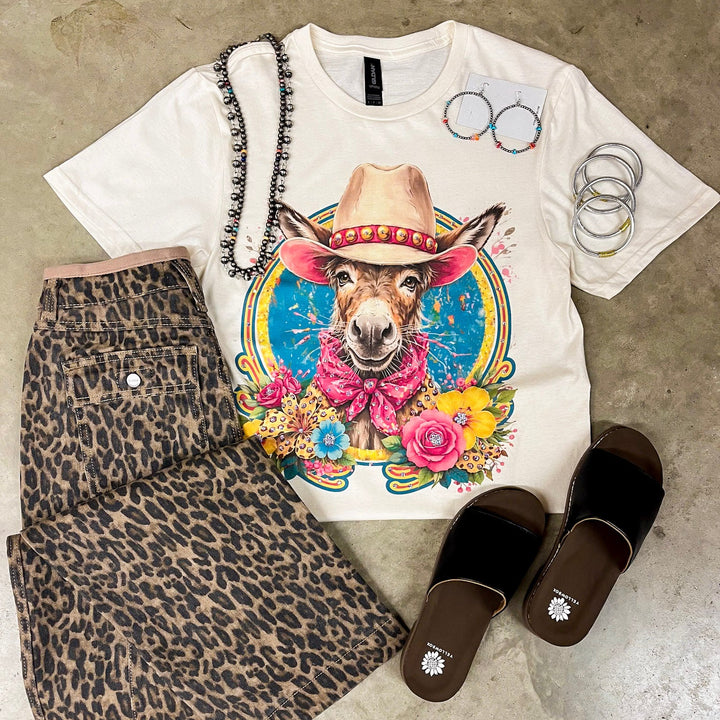 Sally Sue Western Colorful Donkey Short Sleeve Graphic Tee with Crystals in Cream
