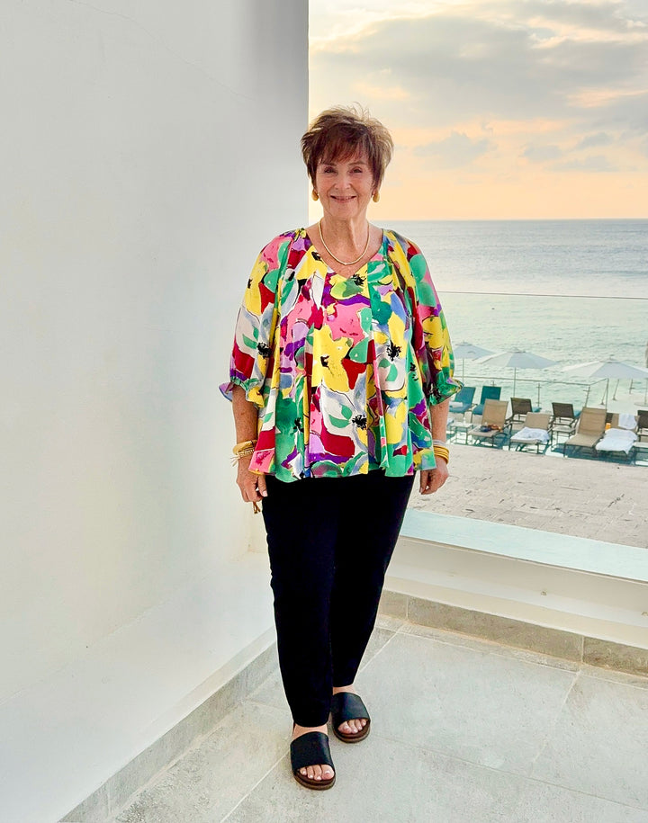 Blooming Love Floral V Neck Top with Half Sleeves in Green Mix