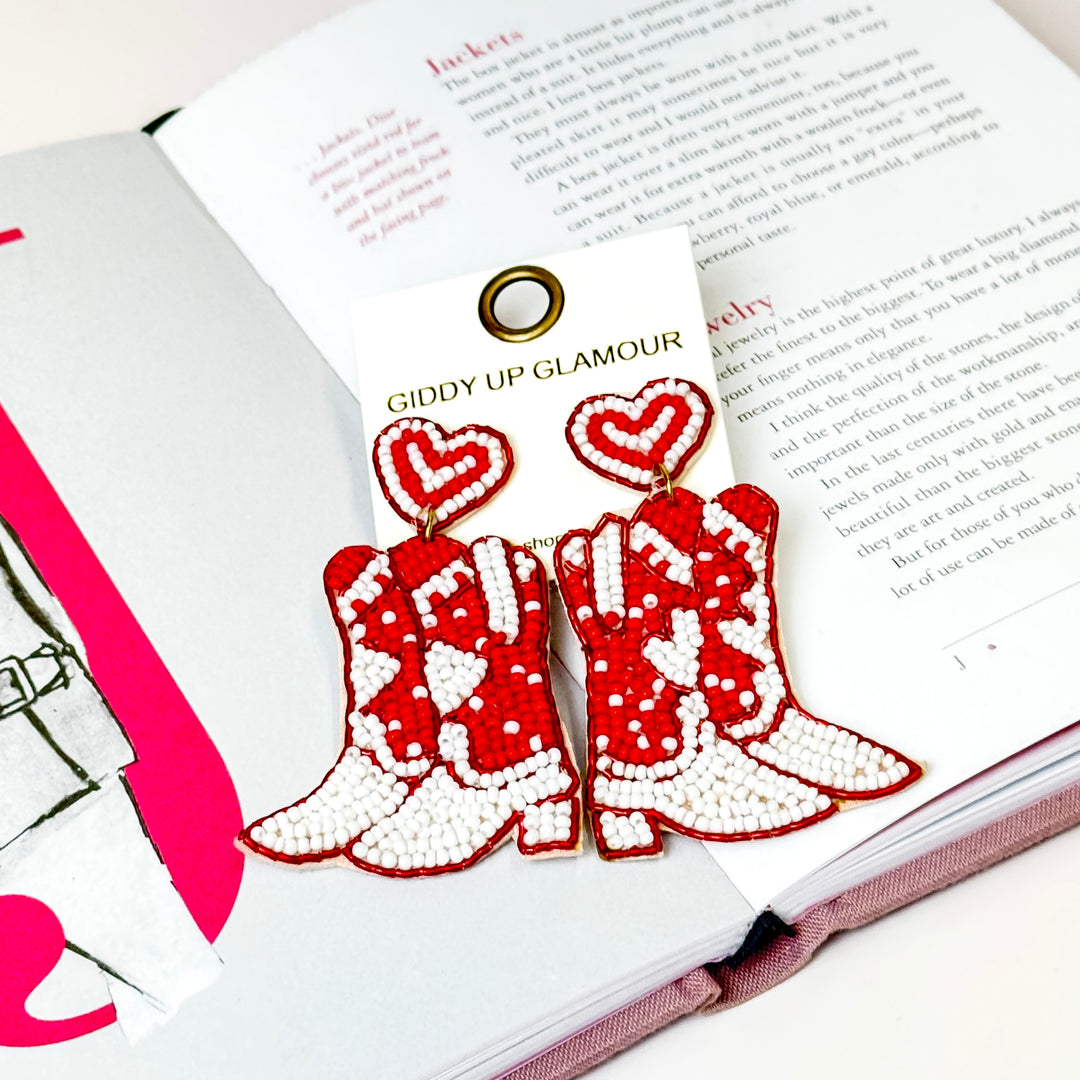 Beaded Heart Post Cowboy Boots Earrings in Red and White - Giddy Up Glamour Boutique