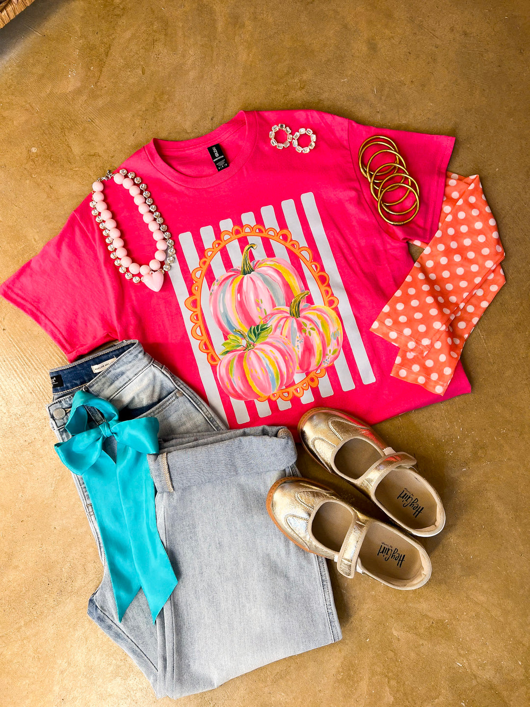 Fall in Full Color Stripe Watercolor Pumpkin Fall Graphic Tee in Hot Pink