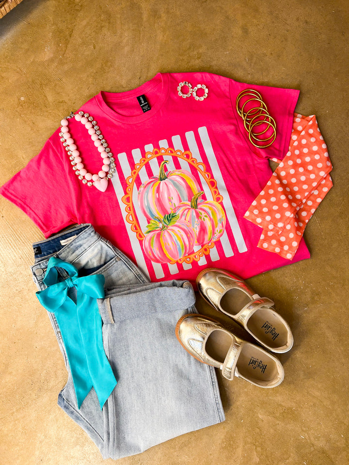 Fall in Full Color Stripe Watercolor Pumpkin Fall Graphic Tee in Hot Pink