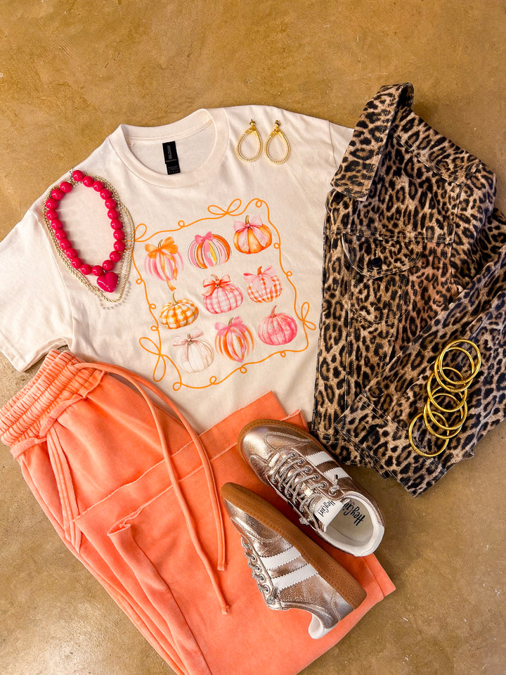 Pretty Little Pumpkins Bow and Pumpkin Fall Graphic Tee in Natural