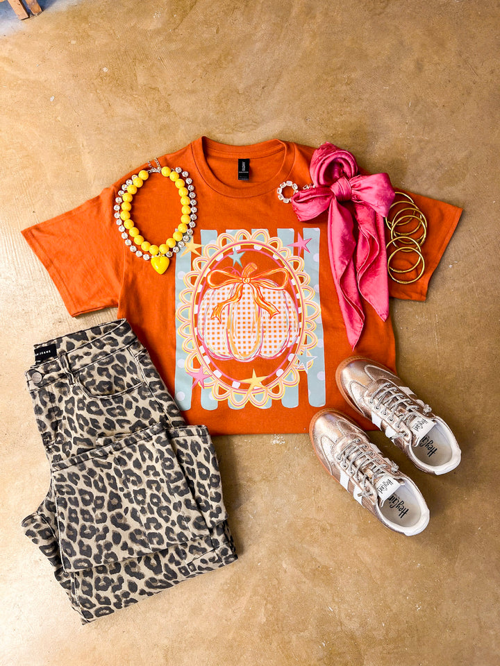 Sweet on the Season Gingham Pumpkin, Stripe and Polka Dot Design with Bow Detail Fall Graphic Tee in Rust Orange