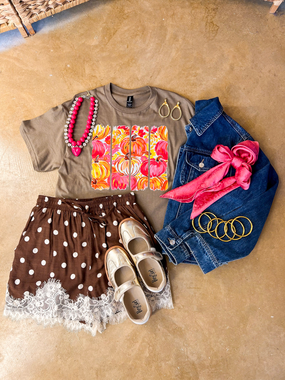 Art of the Season Painted Pumpkin and Floral Watercolor Stripes Fall Graphic Tee in Brown