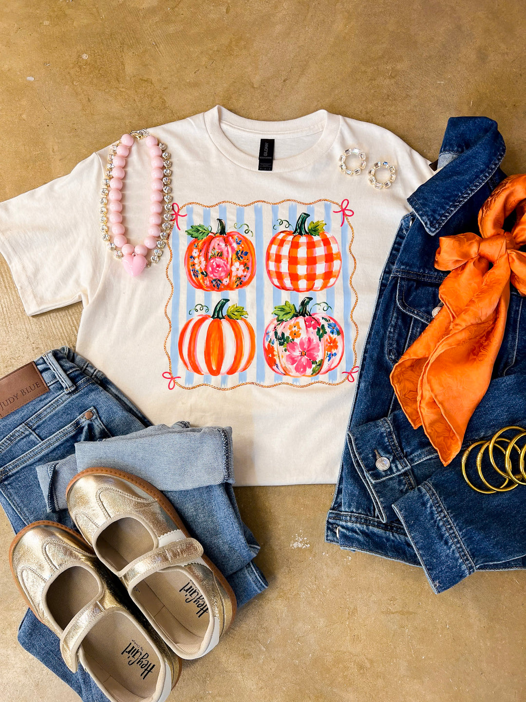 Prettiest in the Patch Stripe and Pumpkin Fall Graphic Tee in Natural