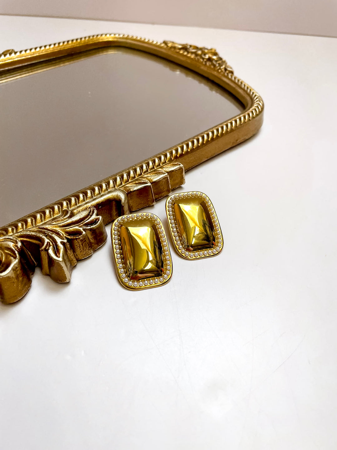 CHANSUTT PEARLS | Callista Rectangle Statement Stud Earrings with Pearl Trim in Gold