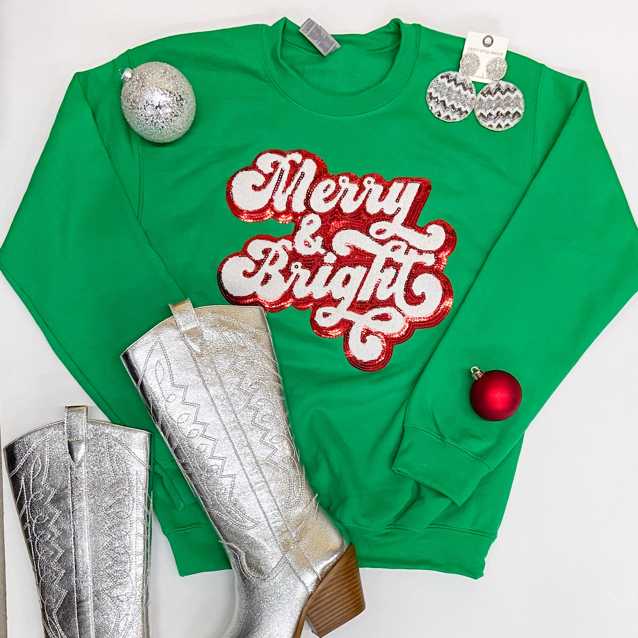 Merry & Bright Red Sequin Chenille Patch Graphic Sweatshirt in Green - Giddy Up Glamour Boutique