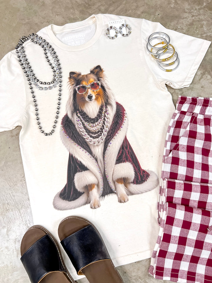 The First Lady Glam Collie Printed Short Sleeve Graphic Tee with Crystals in Cream