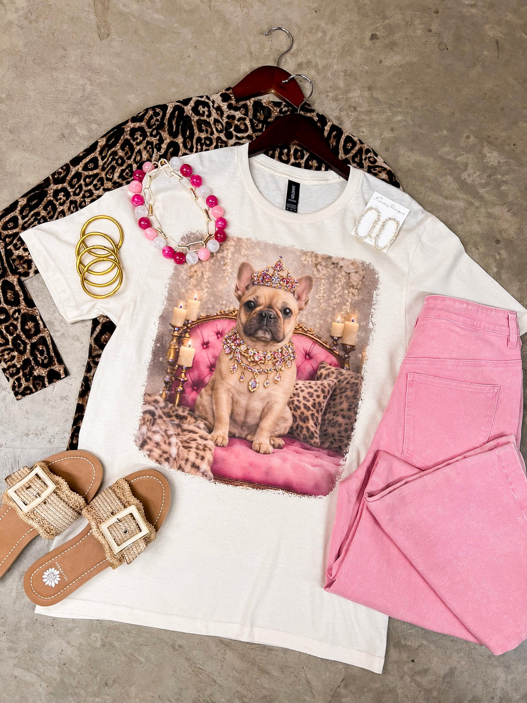 Fancy Francine the French Bulldog Printed Short Sleeve Graphic Tee with Crystals in Cream
