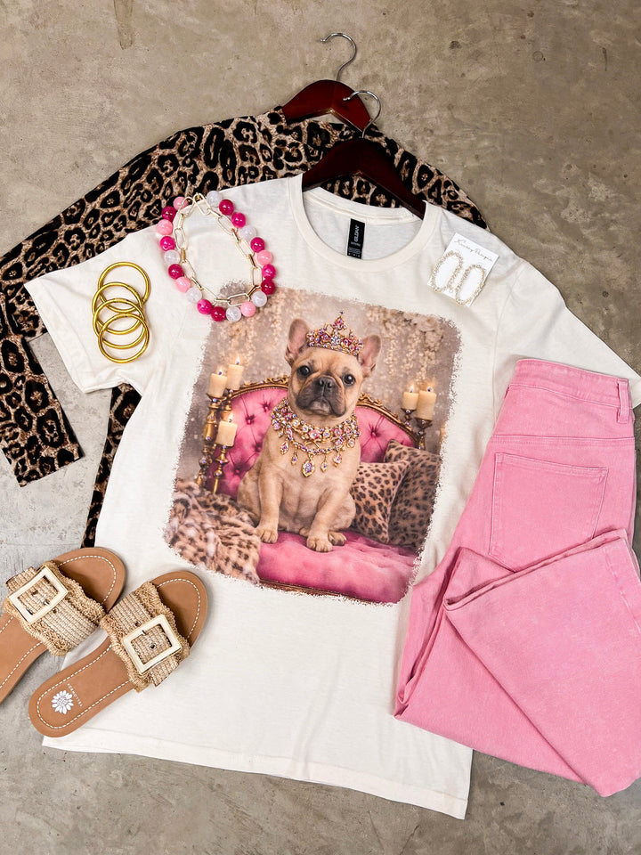 Fancy Francine the French Bulldog Printed Short Sleeve Graphic Tee with Crystals in Cream