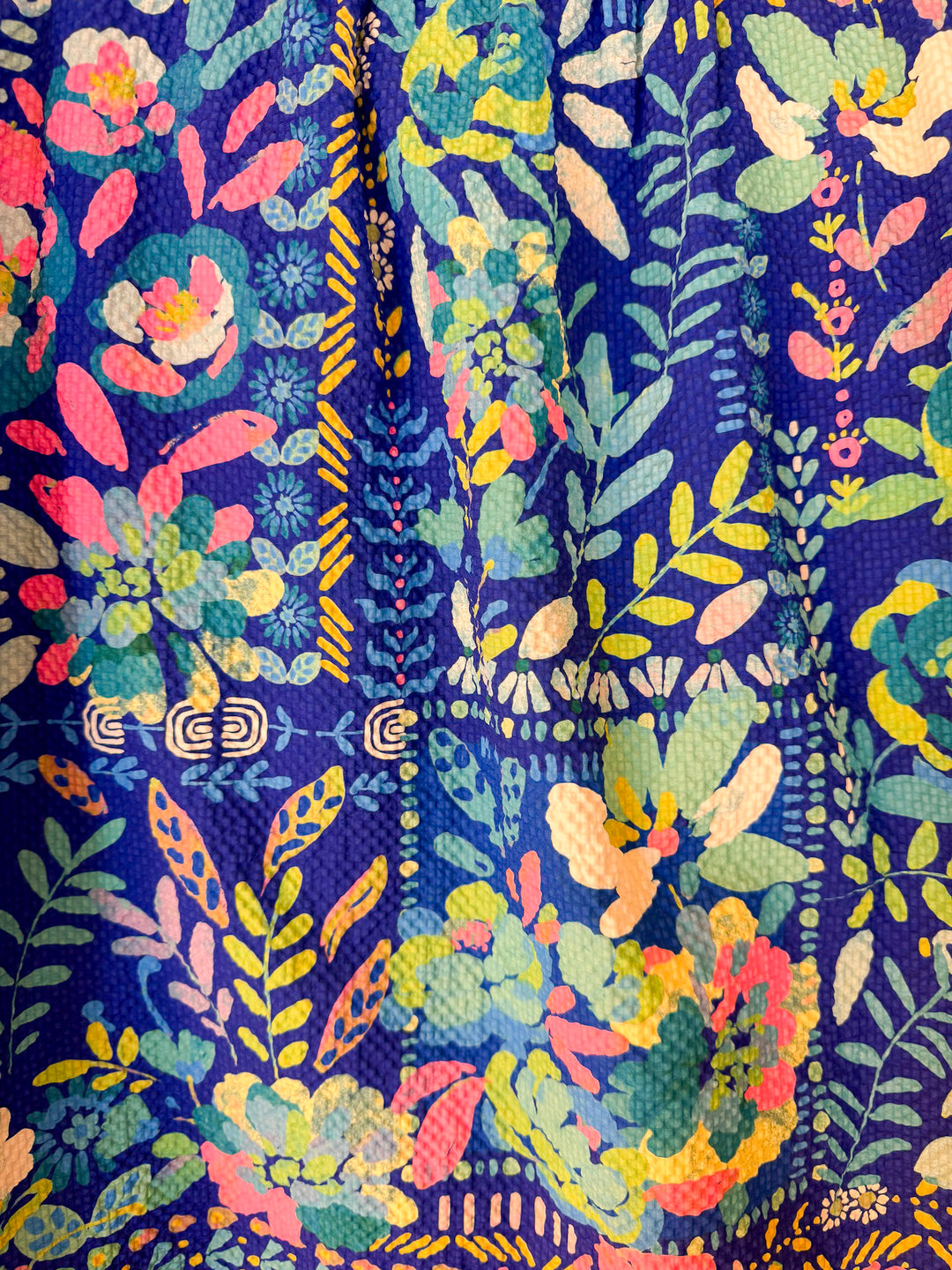 Living in Color Watercolor Floral Print Textured Top with Puff Sleeves in Royal Blue